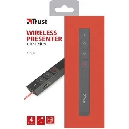 PRESENTADOR INALÁMBRICO TRUST SQUBE ULTRA-SLIM - LÁSER ROJO - 4 FUNCIONES POWERPOINT - ALCANCE 15M - MICRO RECEPTOR USB - 1XAAA